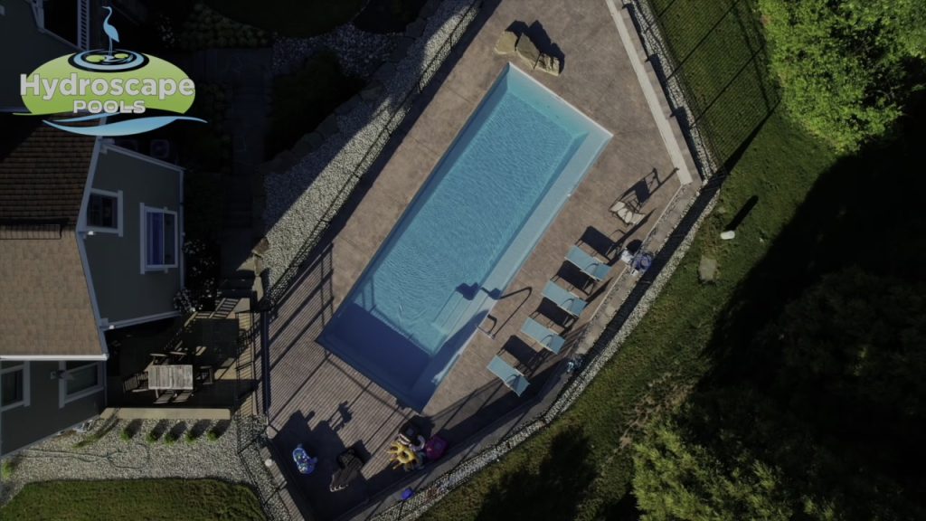 Fiberglass Pool & Paver Patio | Newtown, PA | overhead view of the finished backyard 3